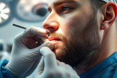 Close-up of a dental procedure. A dentist in gloves examines a patient's mouth under bright surgical lighting. Focus on teeth and gums, showcasing oral health and dental care. Professional medical setting, warm lighting, and a close view of the examination.