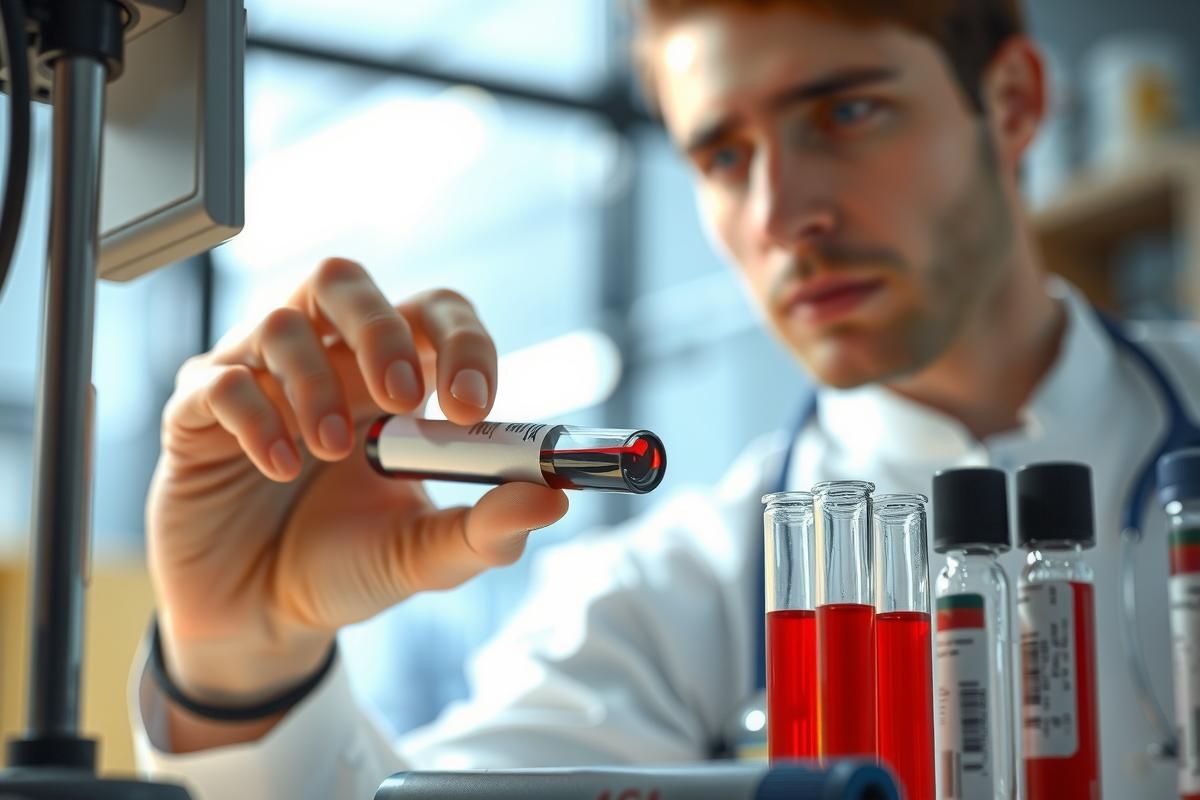 A scientist in a white lab coat and beige pants is analyzing blood samples. On the table are multiple test tubes with red liquid, and the scientist holds a pipette in his right hand. The environment suggests a professional medical laboratory.