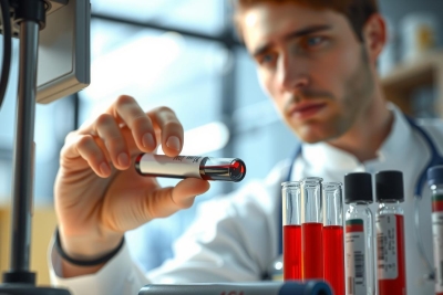 A scientist in a white lab coat and beige pants is analyzing blood samples. On the table are multiple test tubes with red liquid, and the scientist holds a pipette in his right hand. The environment suggests a professional medical laboratory.