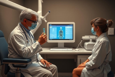 A medical scene with a male doctor and female patient. The doctor is seated behind a desk, gesturing to the patient who is dressed in professional attire, signifying they are a healthcare provider. A computer screen displays medical data, indicating an ongoing consultation or diagnosis.