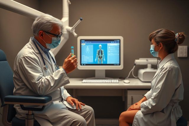 A medical scene with a male doctor and female patient. The doctor is seated behind a desk, gesturing to the patient who is dressed in professional attire, signifying they are a healthcare provider. A computer screen displays medical data, indicating an ongoing consultation or diagnosis.