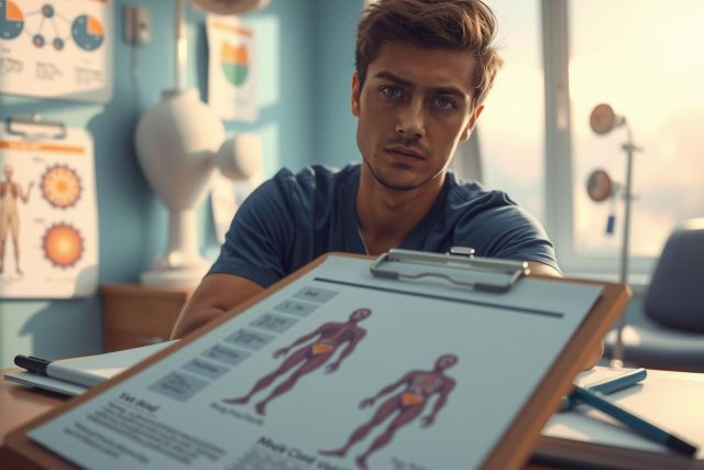 In the image, a young man is seated in what appears to be a medical setting. He is wearing casual clothing and has a concerned or contemplative expression on his face. In front of him is an open chart with various medical images and notes, which he seems to be studying.