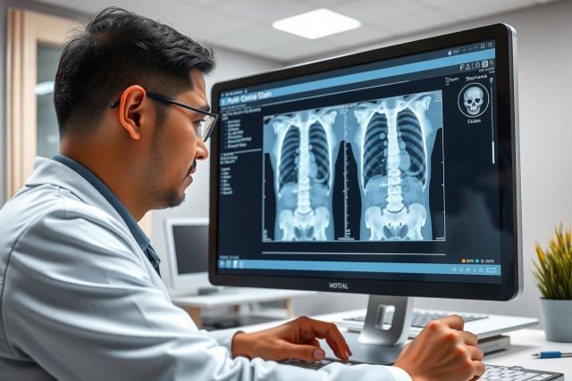 In the image, there is a man sitting at a desk in what appears to be a medical office environment. He is wearing glasses and a white coat, which are commonly worn by healthcare professionals such as doctors or radiologists. In front of him, on the desk, are two computer monitors displaying patient scans or images that seem to be related to medical imaging, possibly CT or MRI scans. The focus of the image is the interaction between the man and the medical imagery, which suggests a healthcare context such as diagnosis, treatment planning, or medical research.
