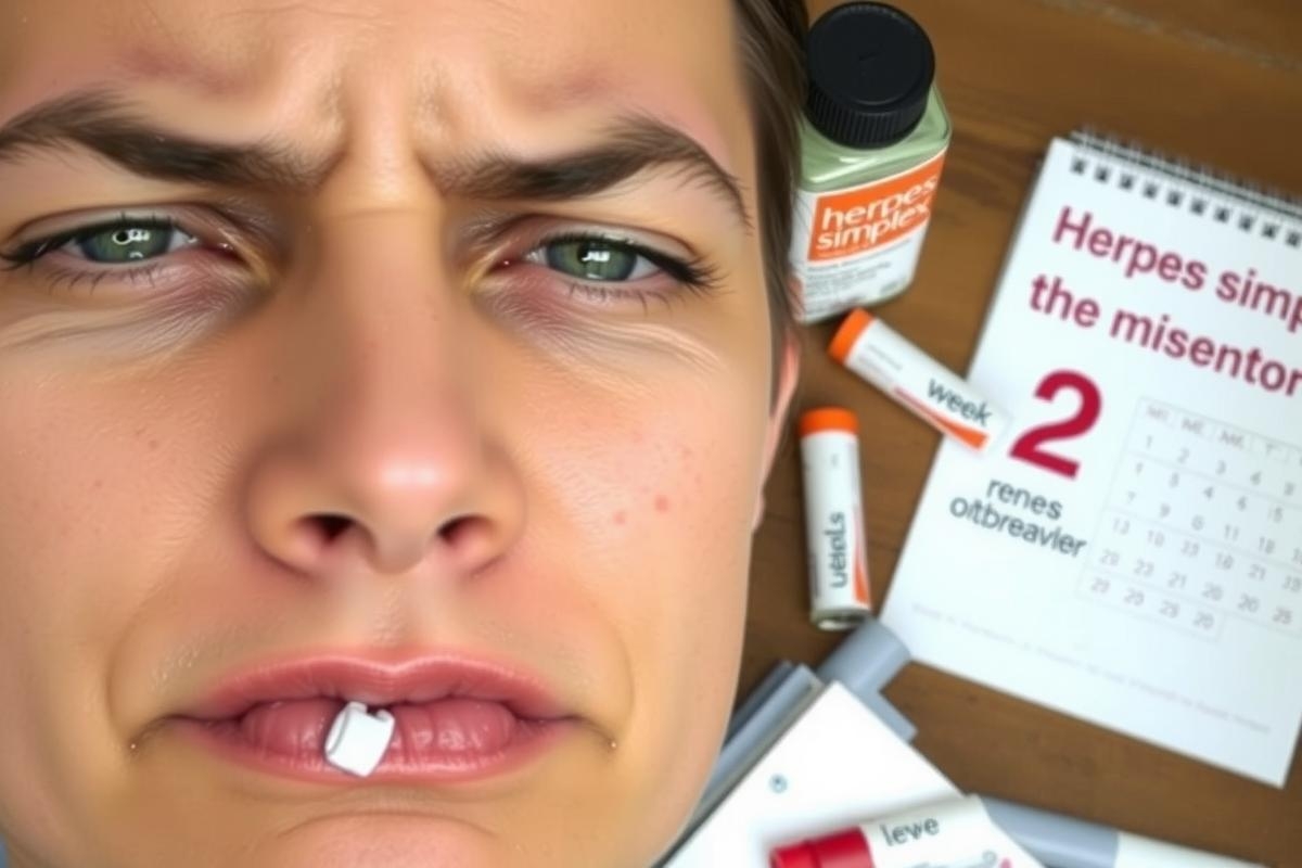 The image shows a person with a tablet of medicine placed on their tongue, seemingly taking a dose. There are multiple medication bottles and calendars scattered around the person, possibly indicating a focus on health or time management in relation to medicine intake.