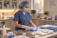 Surgical nurse preparing sterile instrument and implant packs on a stainless prep table in a clinic.