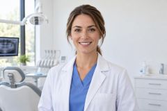 Smiling dentist in white coat standing in bright dental operatory with chair and x‑ray.