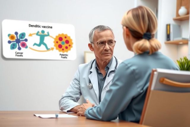 The image is a staged scene depicting a healthcare conversation in an office setting. A female patient and a male doctor are seated across from each other at a desk, with the woman seemingly receiving medical advice related to her dengue fever.