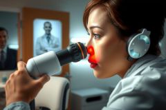 The image depicts a woman seated in what appears to be a modern, high-tech medical environment. She is wearing a headset and is interacting with a device that emits light on her face.