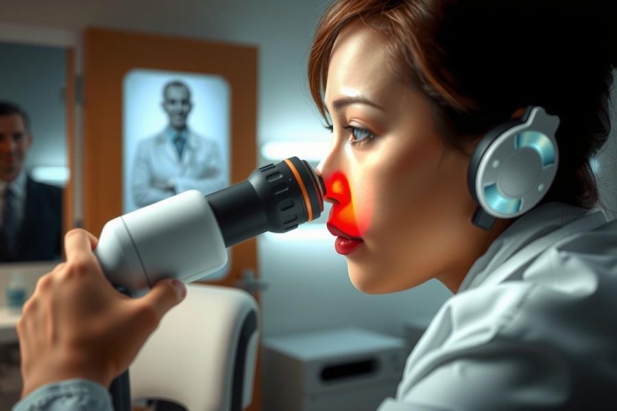 The image depicts a woman seated in what appears to be a modern, high-tech medical environment. She is wearing a headset and is interacting with a device that emits light on her face.