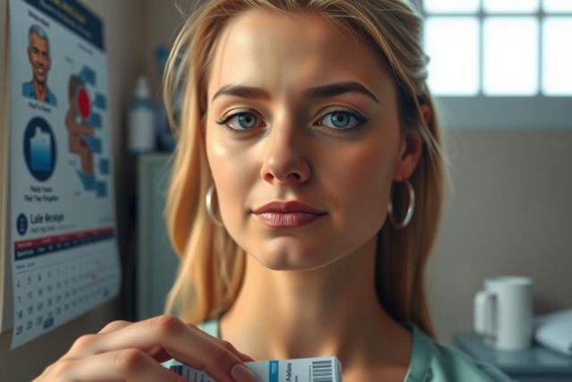 The image features a young woman, presumably in a medical or hospital setting. She is holding what appears to be a medication label or a prescription sheet. The environment includes a poster with healthcare information and another poster with some kind of medical instructions.