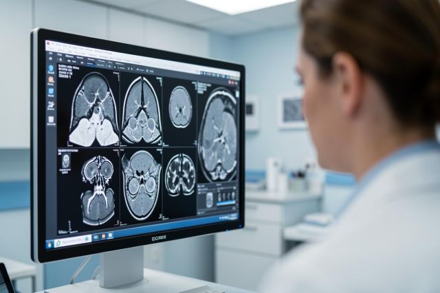 A radiologist or medical professional examines high-resolution brain MRI scans on a large computer monitor in a bright hospital setting. The screen displays various black and white cross-sectional brain images. This clinical scene highlights medical diagnosis and advanced neuroimaging technology in a professional healthcare environment.