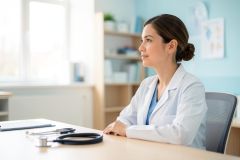 A professional female doctor in a white lab coat and blue scrubs sits at a desk in a bright, modern medical office. 