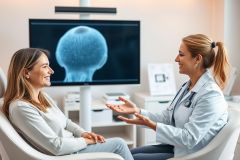 Doctor discussing mammogram results with a patient in a bright, modern clinic. The image shows a female doctor and patient smiling, with a medical scan displayed on a screen. 