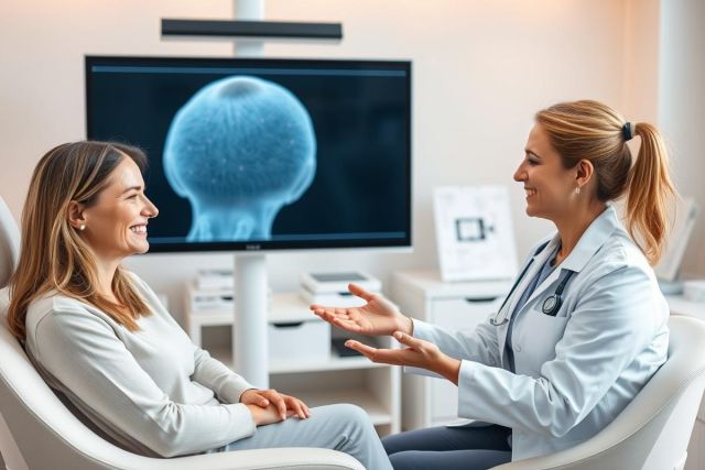 Doctor discussing mammogram results with a patient in a bright, modern clinic. The image shows a female doctor and patient smiling, with a medical scan displayed on a screen. 