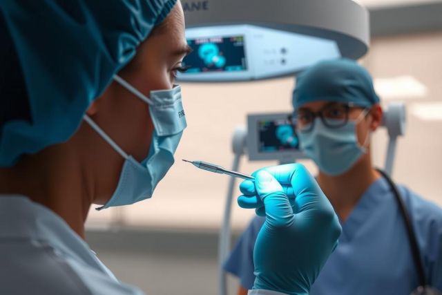 Medical professionals in operating room during surgery. One doctor is operating with precision instruments, while other observes closely.