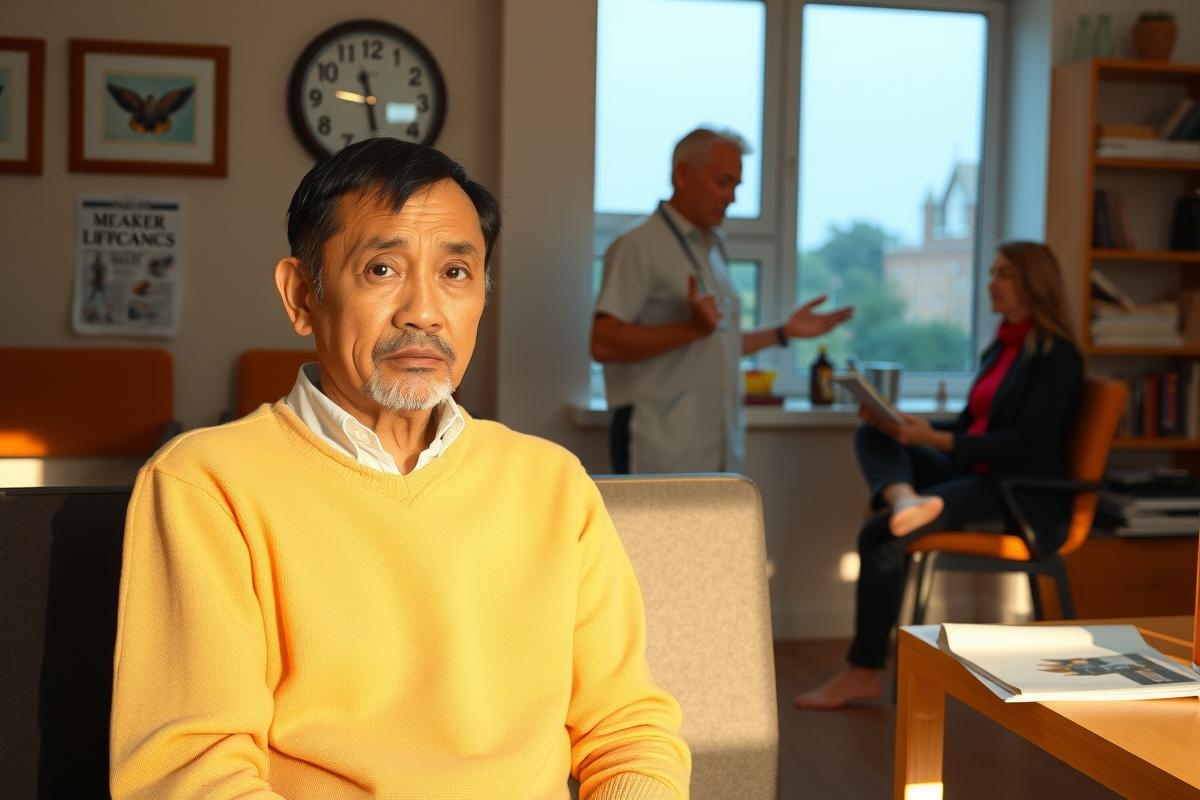 The image shows a man in a room with various objects, including books and chairs. He is seated at a table with papers, suggesting a professional or office setting. The man has a serious expression on his face. There are other people present in the background of the photo.