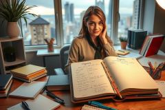 The image shows a young woman sitting at her office desk, working. She has an open notebook in front of her, surrounded by various office supplies such as books, paper, and pens. The window overlooks the city view, evoking a professional atmosphere.