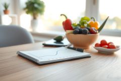 Bright, natural light illuminates a notebook and bowl of fresh fruit on a wooden table. The scene showcases a healthy lifestyle with vibrant colors and a clean aesthetic.