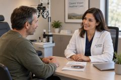 Ophthalmologist consulting a patient at desk with eye exam equipment in background.