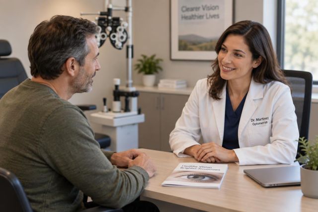 Ophthalmologist consulting a patient at desk with eye exam equipment in background.