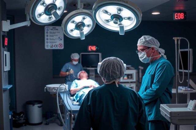 The image depicts a scene from an operating room. There are three surgeons in the foreground, dressed in sterile medical attire. They appear focused and are looking down at a patient who is lying on a surgical table.