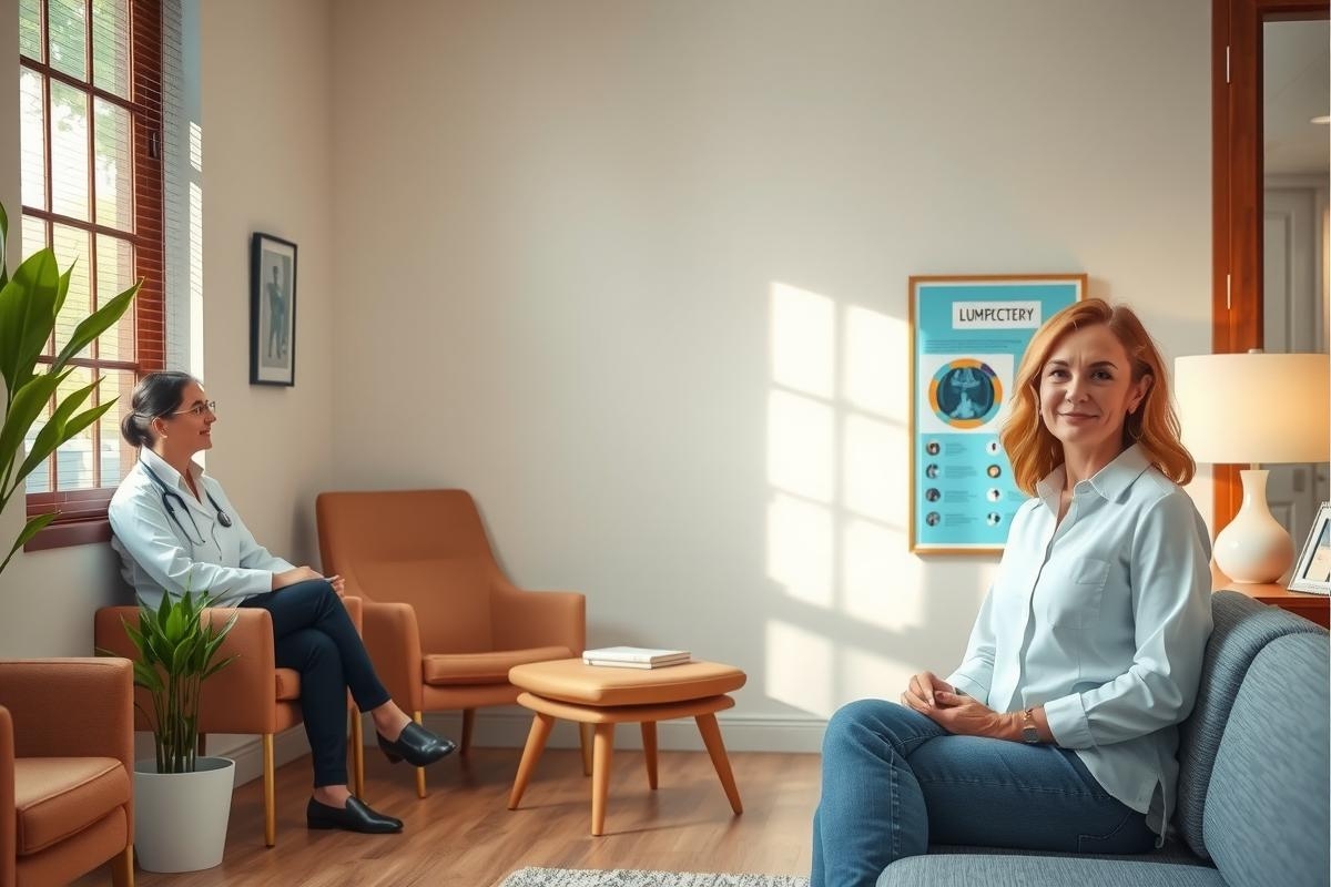 The image depicts a medical exam room. Two women are seated on opposite sides of the room facing each other, suggesting a professional interaction between them. The woman is wearing jeans, a light-colored blazer, and sits comfortably with one leg crossed over the other.