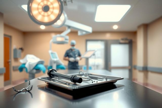 Surgical instruments on a tray in an operating room. Medical tools, sterile environment, and blurred background with a surgeon visible. Healthcare, surgery, and medical equipment.