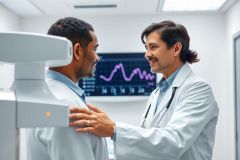 Doctor and patient in a medical clinic. A smiling male doctor in a white coat interacts with a patient near diagnostic equipment. The scene features a modern, clean environment with medical graphs displayed. Focus on healthcare, consultation, and medical technology.