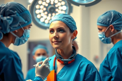 The image depicts a medical setting with several surgical professionals, including surgeons and nurses. A female patient is the focus of attention as the medical team works around her. The environment suggests an operating room with specialized equipment such as anesthetic machines, and there's a sterile, clinical atmosphere to the scene.