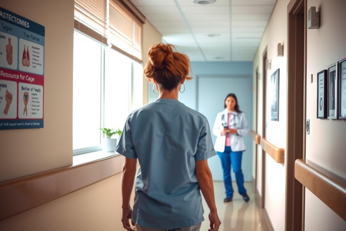 The image shows two medical professionals in a hospital setting. A nurse stands facing away from the camera, and an orderly is visible in the background, engaged with her duties. The environment suggests a busy healthcare facility with corridors lined with posters and medical information for patients.