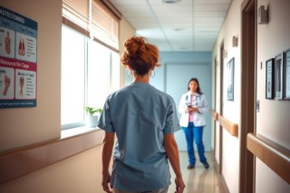 The image shows two medical professionals in a hospital setting. A nurse stands facing away from the camera, and an orderly is visible in the background, engaged with her duties. The environment suggests a busy healthcare facility with corridors lined with posters and medical information for patients.