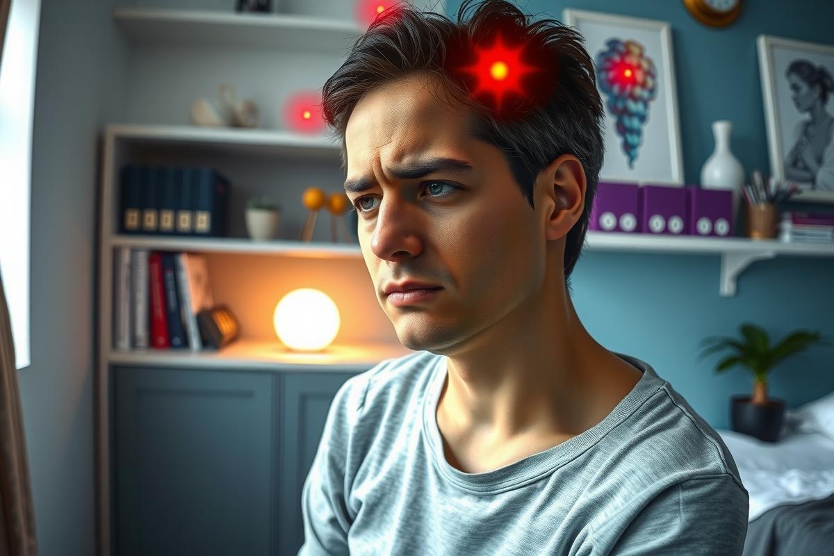 Man in his apartment, looking concerned or confused. Wearing grey t-shirt. The room has a blue wall and books. A red dot on the head could imply thinking or being lost.