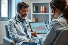 Doctor and patient reviewing data on a tablet in a modern medical office. Focus on healthcare analysis, patient care, and medical technology with a professional, neutral color palette. Shows consultation and data review.
