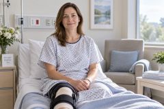 Patient in hospital bed wearing knee brace during early postoperative recovery in a bright room.