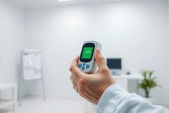 Close-up of a hand holding a peak flow meter displaying a reading in a bright, modern medical office. White walls, minimalist furniture, and a green plant create a clean, clinical environment. Focus on health technology and patient care.