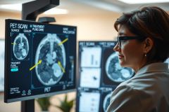 This is a photograph of a female healthcare professional, likely a radiologist or a medical physicist, in an advanced imaging room. She is wearing a white lab coat and glasses, looking at a large monitor displaying images from a pet scan.