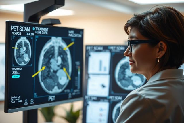 This is a photograph of a female healthcare professional, likely a radiologist or a medical physicist, in an advanced imaging room. She is wearing a white lab coat and glasses, looking at a large monitor displaying images from a pet scan.