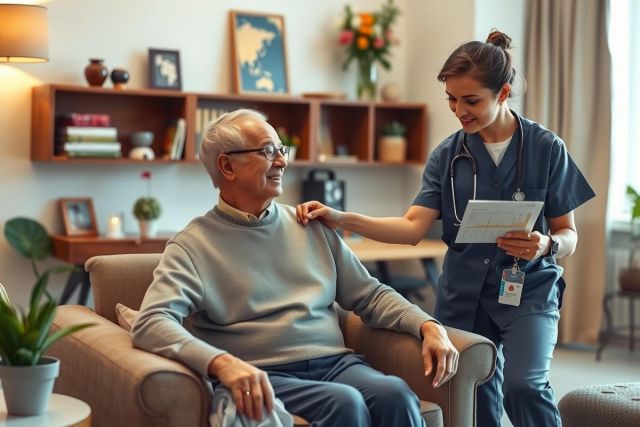 In the image, a healthcare professional is assisting an older gentleman. The setting appears to be a modern living room or a comfortable waiting area in a medical facility. Both individuals are seated; the professional is holding what looks like a clipboard with patient information.