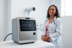 Medical equipment in a bright, modern clinic. A gray medical device with a screen displaying a waveform is prominently featured, with a smiling female doctor in a white coat blurred in the background. Healthcare, diagnostics, and medical technology themes are present.