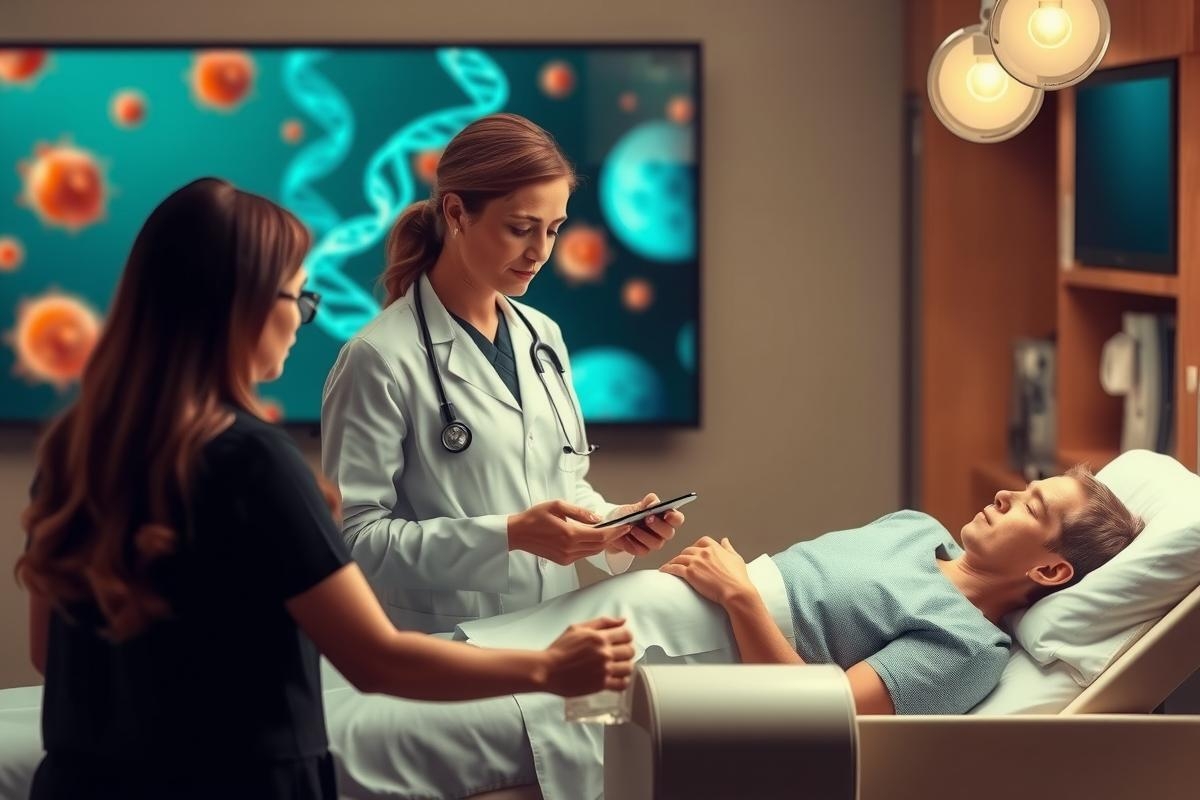 Two healthcare professionals in a modern medical setting. One is wearing blue scrubs and the other white. They are focused on a patient lying in a hospital bed, checking medical records on tablet devices. The environment includes large screens displaying scientific data, suggesting advanced diagnostic technology.