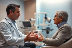 Doctor consulting with an elderly patient in a modern medical clinic. Healthcare professional discusses concerns with senior man. Blue and white color scheme, examination equipment visible in background. Focus on patient care and medical consultation.