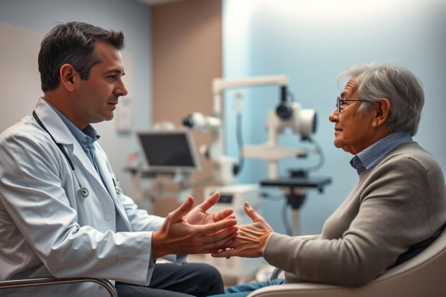 Doctor consulting with an elderly patient in a modern medical clinic. Healthcare professional discusses concerns with senior man. Blue and white color scheme, examination equipment visible in background. Focus on patient care and medical consultation.
