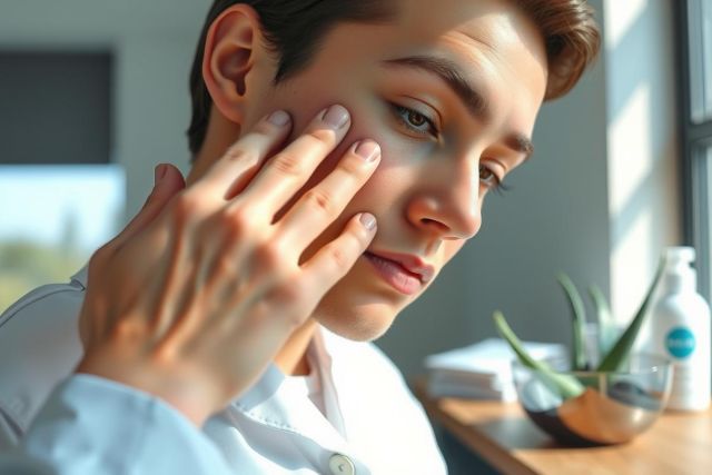 Close-up of a young man looking thoughtful, hands near his face. Natural light, indoor setting with plants and a desk. Casual attire, contemplative expression.
