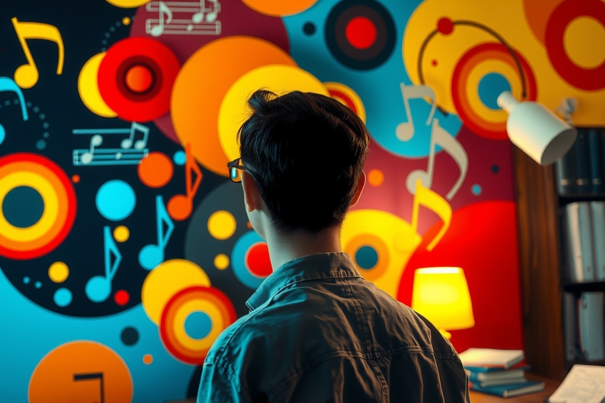 The image captures a young man standing in front of a vibrant music-themed mural. The mural, awash with colors of orange, blue, and yellow, is adorned with musical notes and symbols, creating a lively backdrop for the scene. The man is dressed in a casual gray shirt and stands in front of a bookshelf filled with books, suggesting an environment of learning or creativity. The perspective of the image is from behind the man, inviting viewers to share in his appreciation of the colorful mural. The identifier 'sa_1769' does not provide additional information about the landmark. Please note that this description is based on the visible elements in the image and does not include any inferred or imagined content.