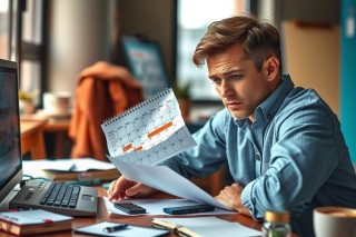 The image depicts a man in a modern office setting. He appears to be engaged in work, focused on a laptop screen and papers spread out before him. The environment suggests a professional atmosphere with the use of technology for tasks. The man is dressed in smart casual attire suitable for a business or corporate context.