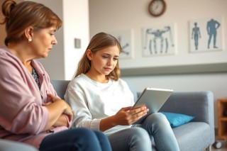 A woman and a young girl are seated on a couch, facing each other. The young girl is engrossed in using a tablet device while the older woman watches attentively.