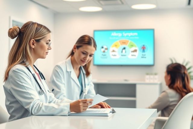 Medical professionals in a modern clinic discussing allergy symptoms with a patient. Two doctors in white coats review notes while a chart displaying allergy triggers is visible on a screen. Healthcare setting, consultation, and medical diagnosis themes are present.