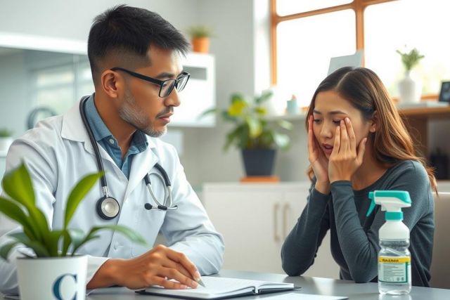The image shows a medical consultation between a doctor and patient. The doctor is dressed in a white coat, which signifies a healthcare professional. He appears to be listening intently to the patient, who has her hand over her face as if she's concerned or distressed about something. They are seated across from each other at a medical examination table. In the background, there is a potted plant and an open laptop, suggesting a modern and clean clinical environment.