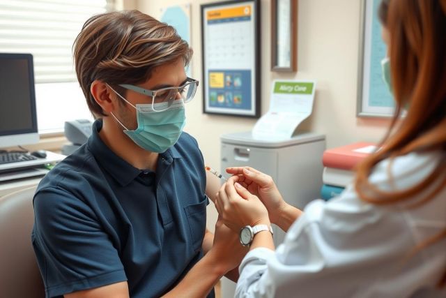 A male patient wearing a face mask and medical scrubs is receiving care from a healthcare professional. The setting appears to be a clinical office with various medical equipment visible, indicating the context is likely a healthcare facility.