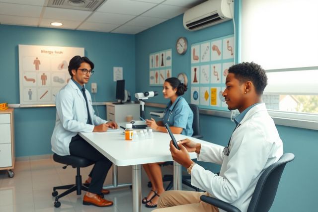 The image shows a group of three individuals, presumably medical professionals, sitting around a desk in an office-like setting. The central figure appears to be the focus of attention or conversation among the others. 